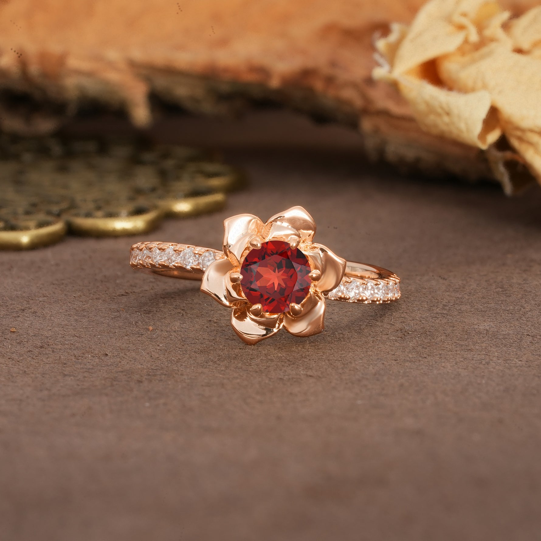 Nature-Inspired Unique Floral Design 6-Prong Round Cut Garnet Engagement Ring - Additional view