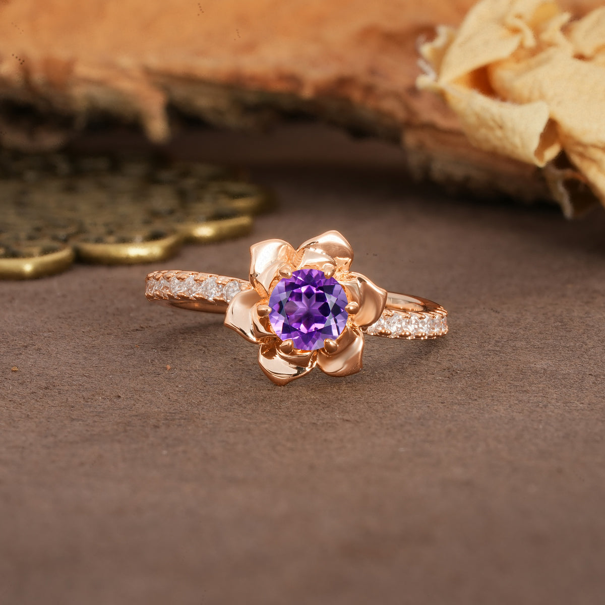 Nature-Inspired Unique Floral Design 6-Prong Round Cut Amethyst Engagement Ring - Additional view