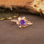 Nature-Inspired Unique Floral Design 6-Prong Round Cut Amethyst Engagement Ring - Additional view
