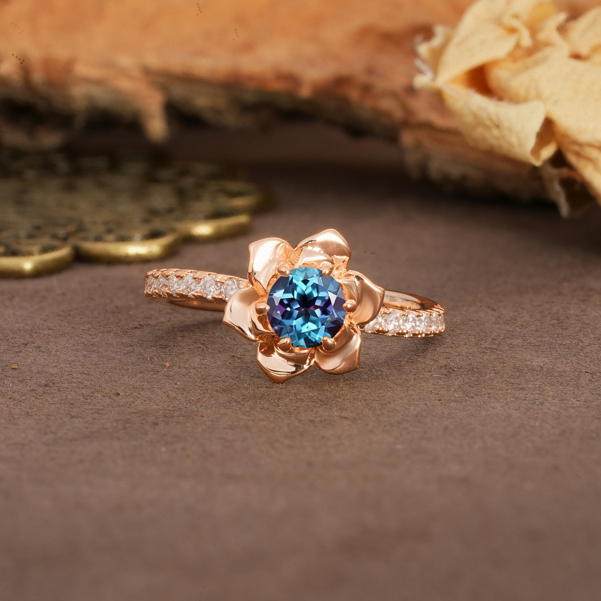 Nature-Inspired Unique Floral Design 6-Prong Round Cut Alexandrite Engagement Ring - Additional view