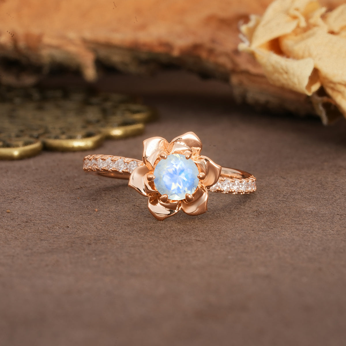 Nature-Inspired Unique Floral Design 6-Prong Round Cut Moonstone Engagement Ring - Additional view