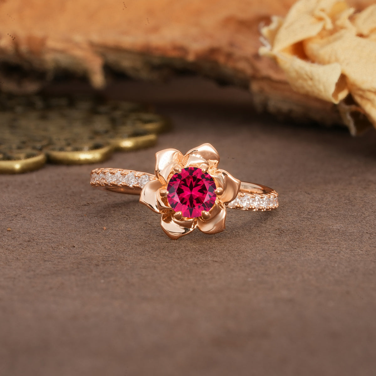 Nature-Inspired Unique Floral Design 6-Prong Round Cut Ruby Engagement Ring - Additional view