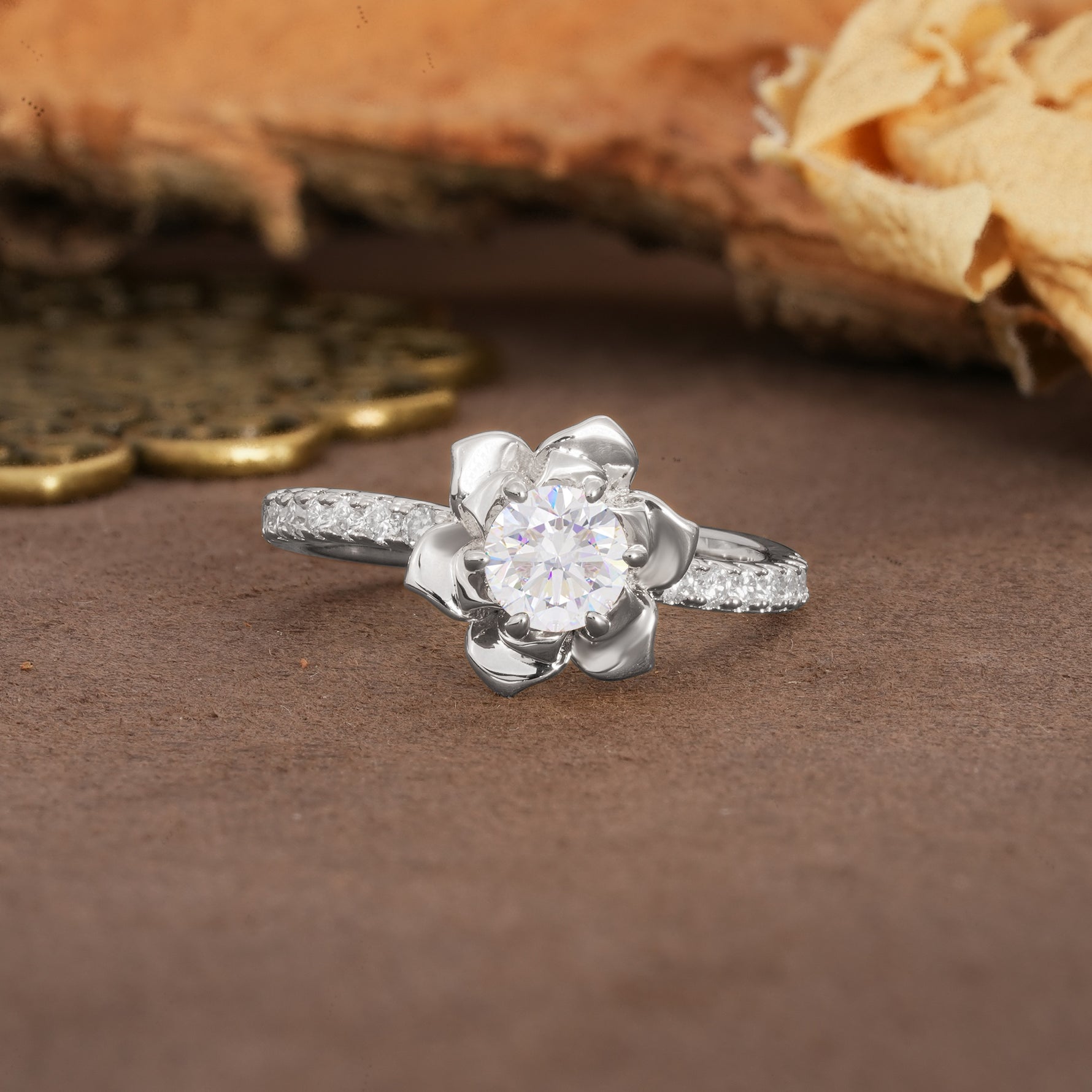 Nature-Inspired Unique Floral Design 6-Prong Round Cut Moissanite Engagement Ring - Additional view