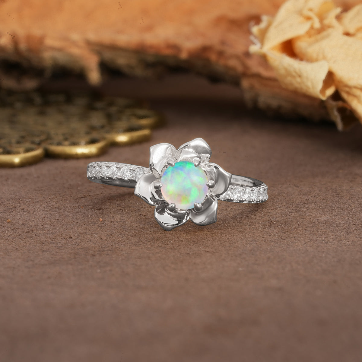 Nature-Inspired Unique Floral Design 6-Prong Round Cut Fire Opal Engagement Ring - Additional view