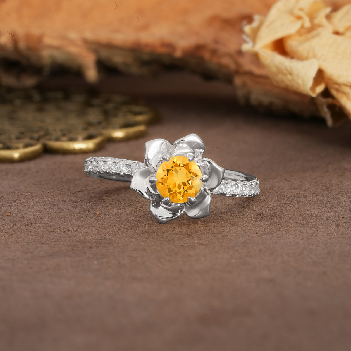 Nature-Inspired Unique Floral Design 6-Prong Round Cut Citrine Engagement Ring - Additional view