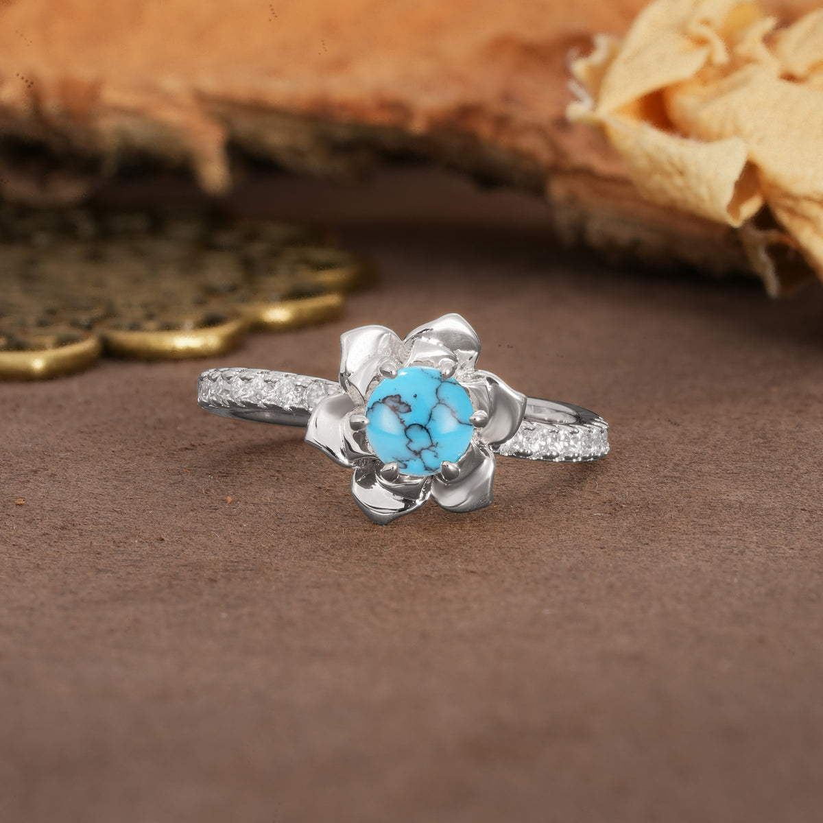 Nature-Inspired Unique Floral Design 6-Prong Round Cut Turquoise Engagement Ring - Additional view