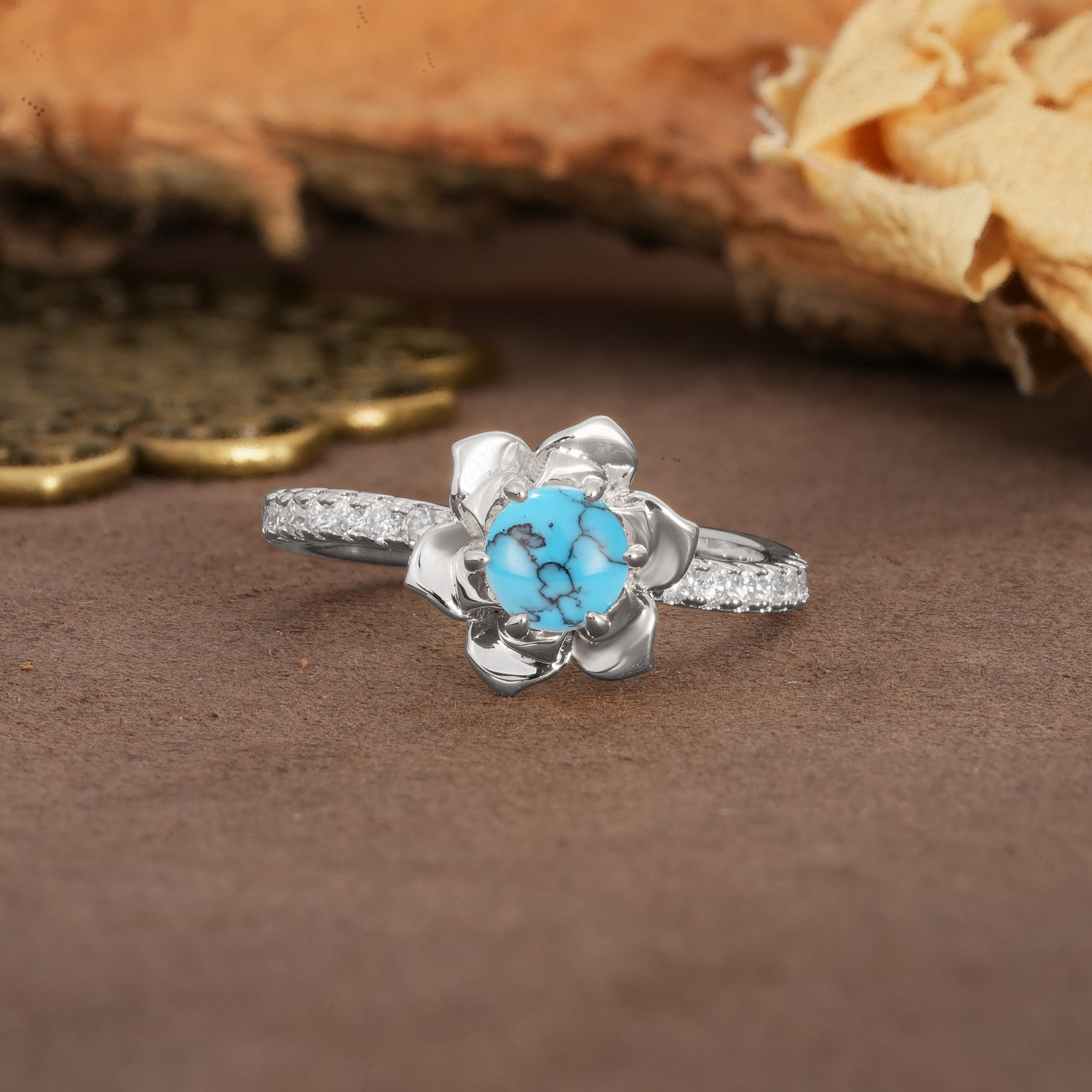 Nature-Inspired Unique Floral Design 6-Prong Round Cut Turquoise Engagement Ring - Additional view