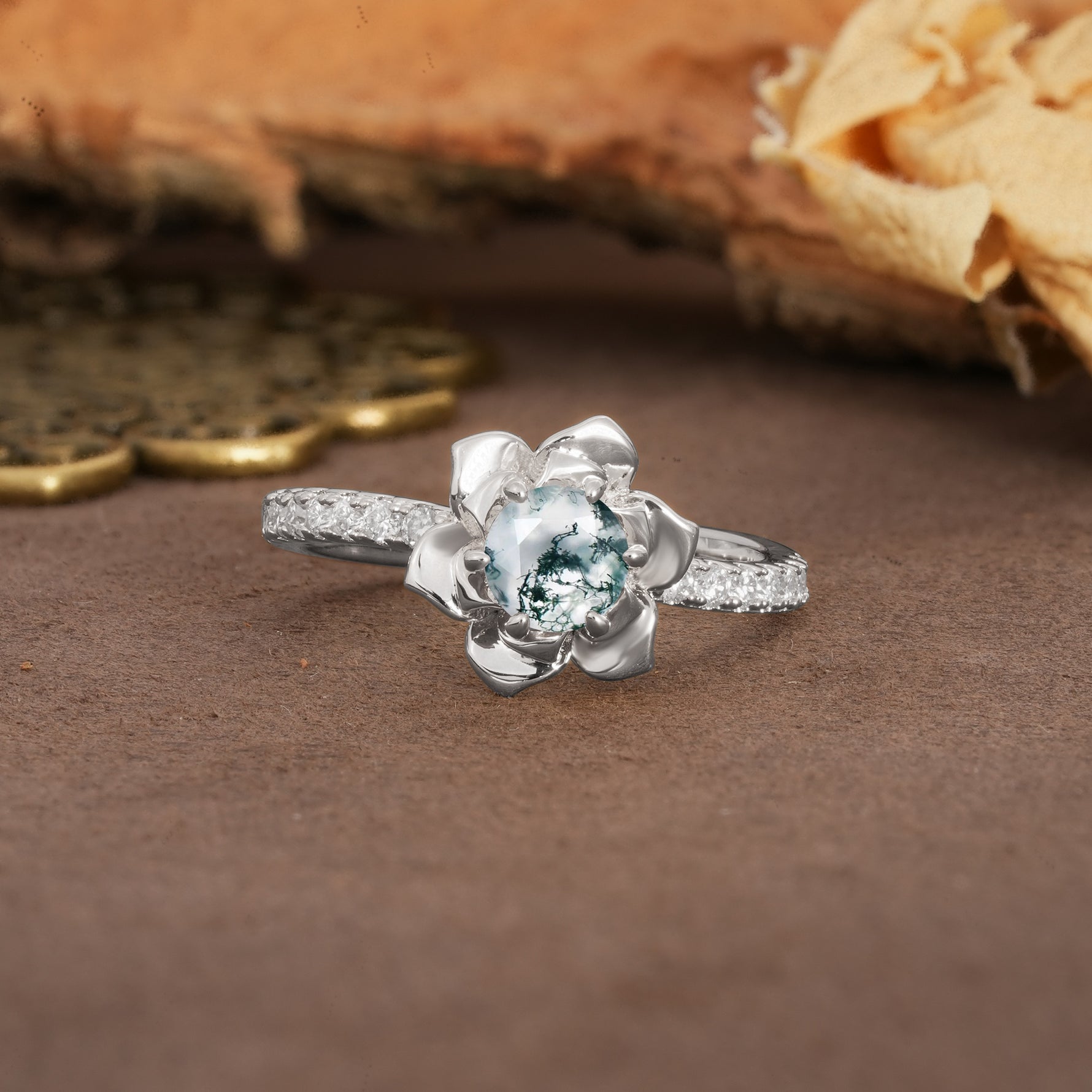 Nature-Inspired Unique Floral Design 6-Prong Round Cut Moss Agate Engagement Ring - Additional view