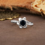 Nature-Inspired Unique Floral Design 6-Prong Round Cut Black Onyx Engagement Ring - Additional view