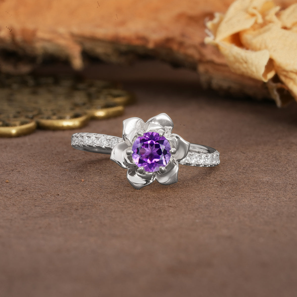 Nature-Inspired Unique Floral Design 6-Prong Round Cut Amethyst Engagement Ring - Additional view