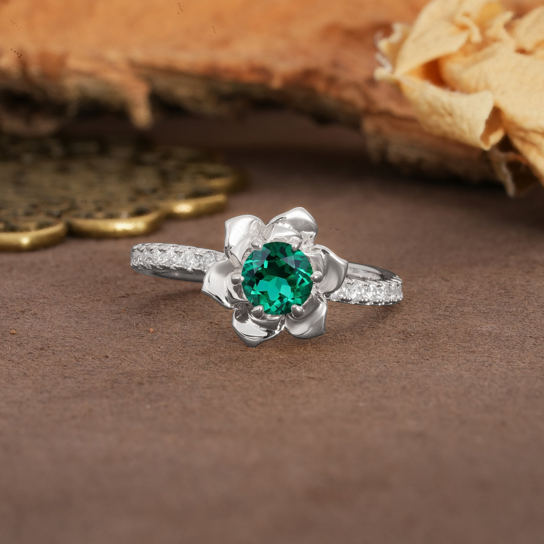 Nature-Inspired Unique Floral Design 6-Prong Round Cut Emerald Engagement Ring - Additional view