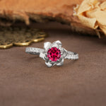 Nature-Inspired Unique Floral Design 6-Prong Round Cut Ruby Engagement Ring - Additional view