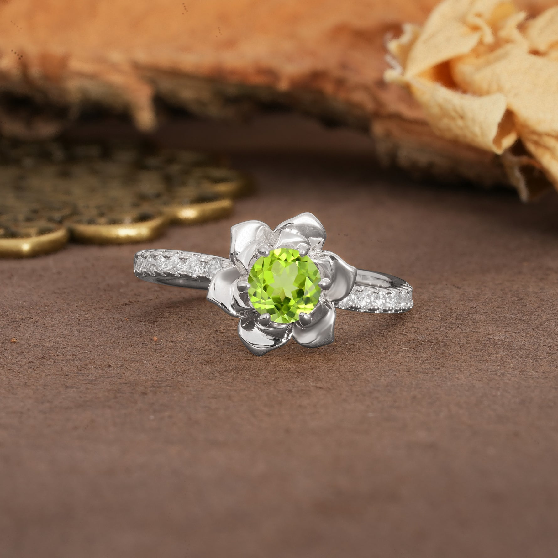 Nature-Inspired Unique Floral Design 6-Prong Round Cut Peridot Engagement Ring - Additional view