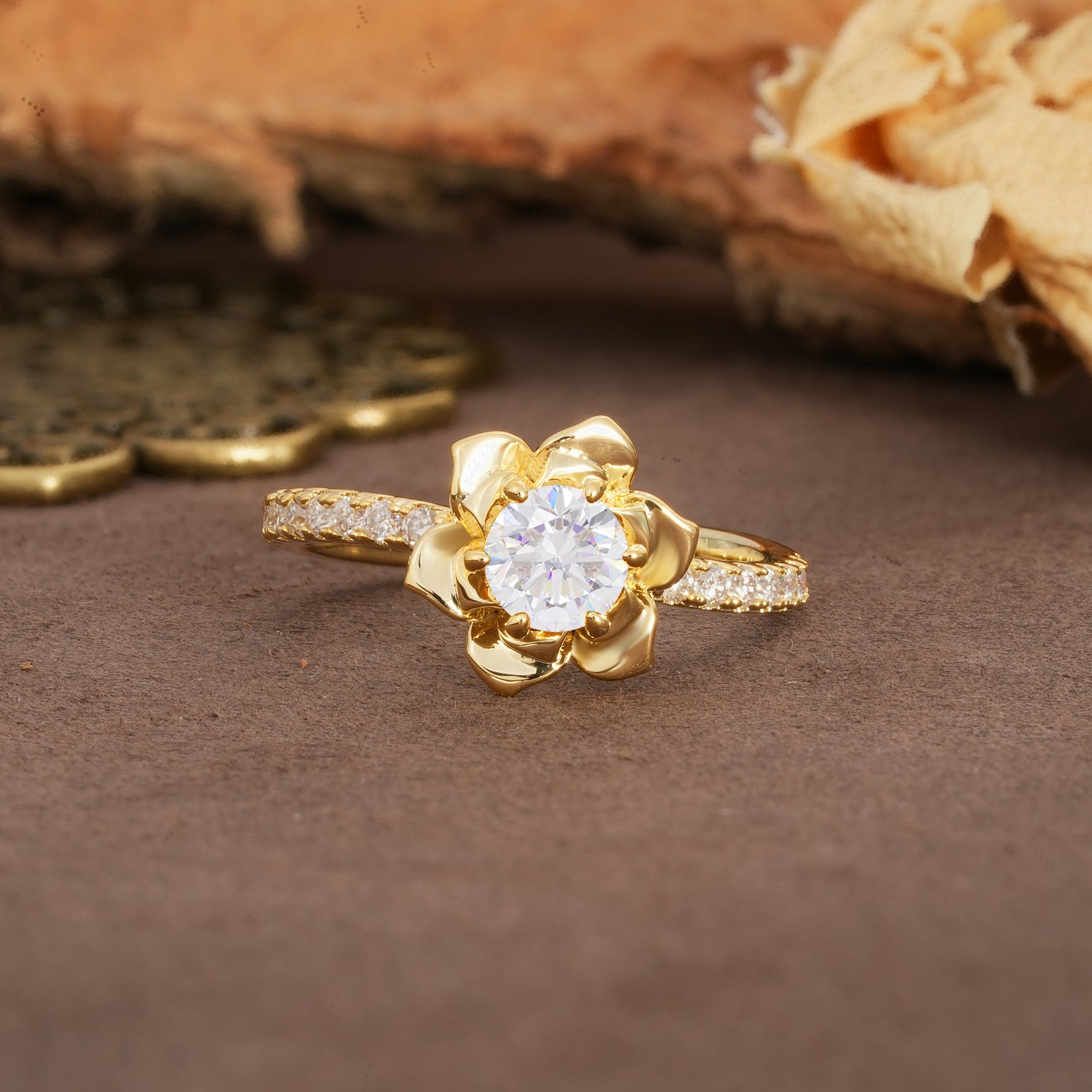 Nature-Inspired Unique Floral Design 6-Prong Round Cut Moissanite Engagement Ring - Additional view