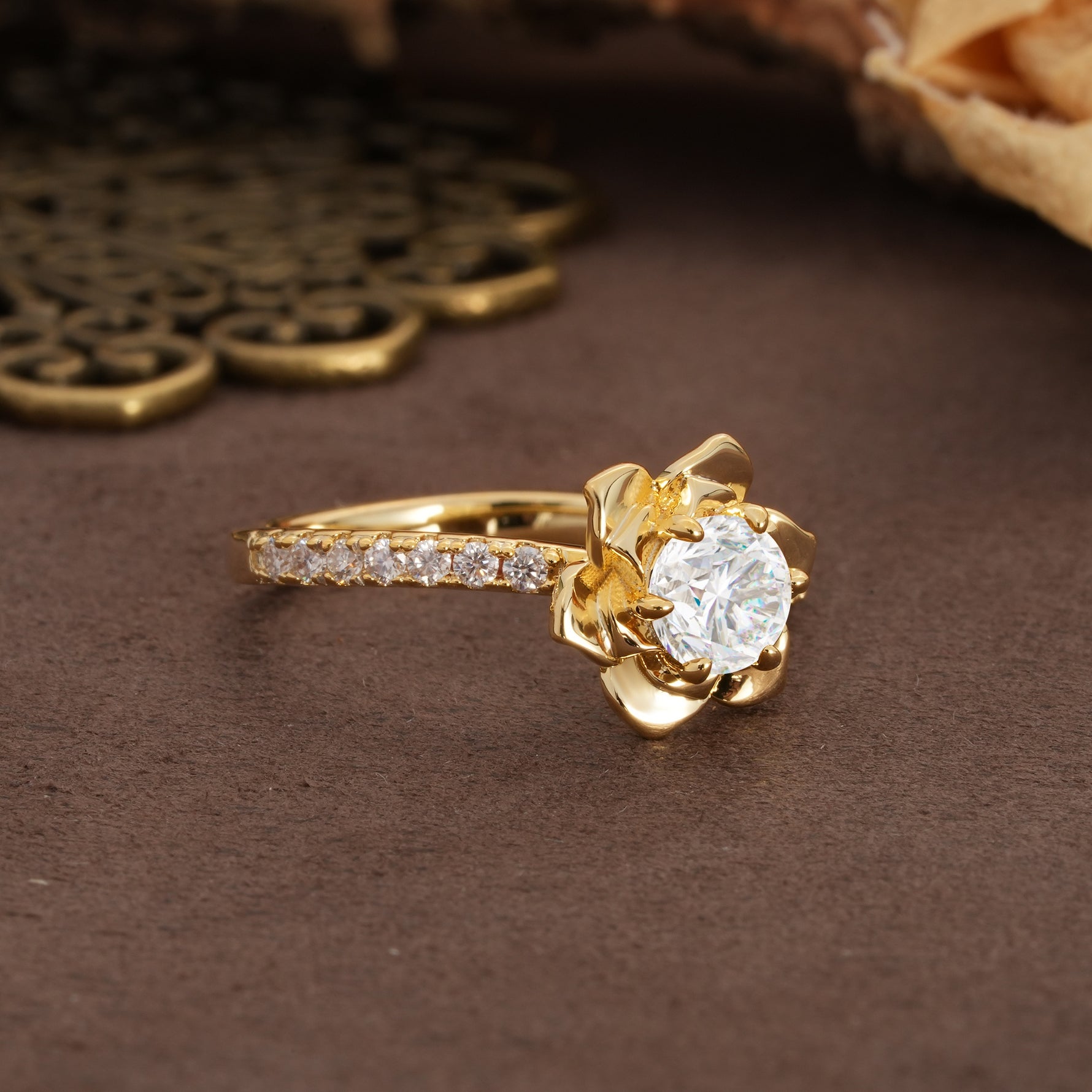 Nature-Inspired Unique Floral Design 6-Prong Round Cut Moissanite Engagement Ring - Additional view