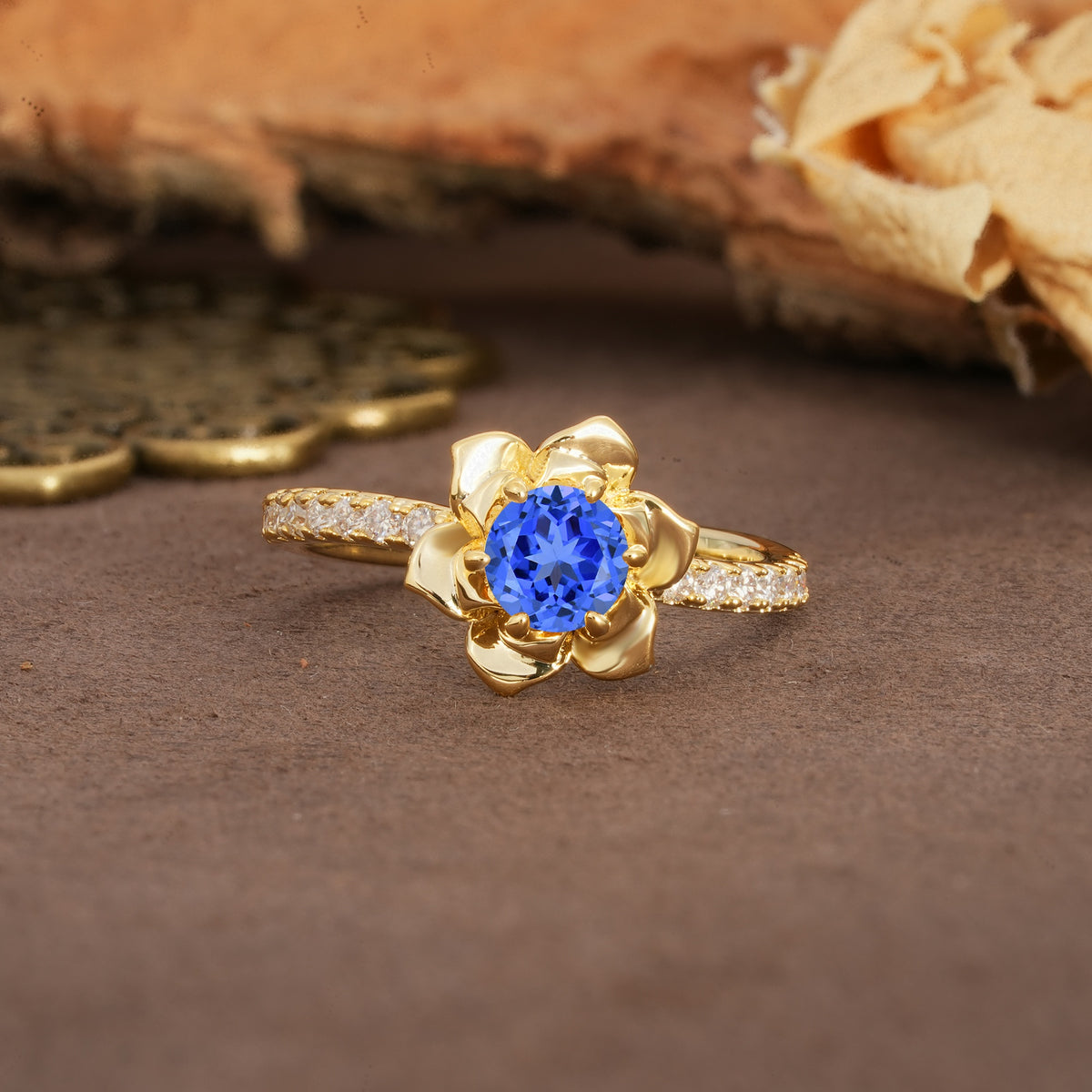 Nature-Inspired Unique Floral Design 6-Prong Round Cut Sapphire Engagement Ring - Additional view
