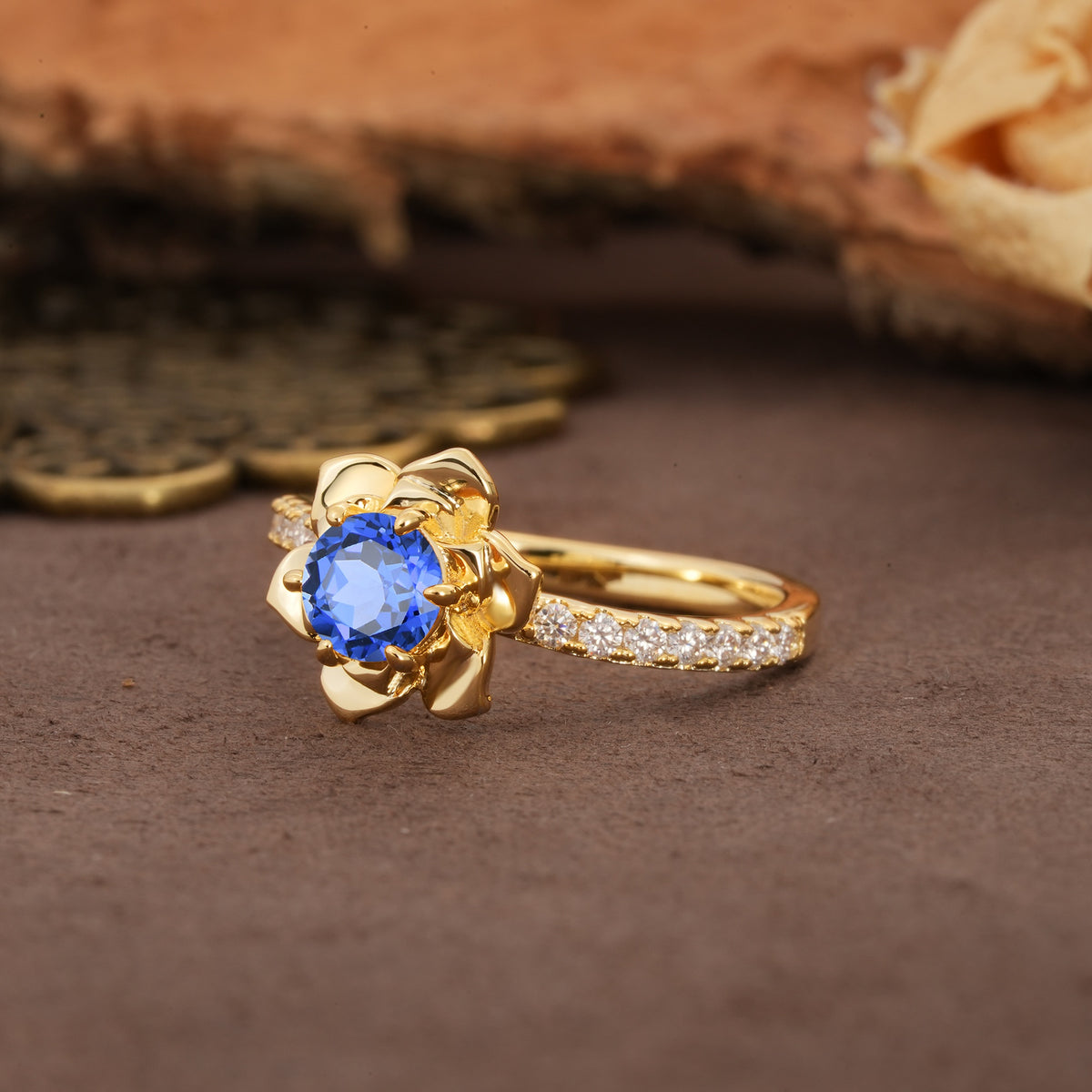 Nature-Inspired Unique Floral Design 6-Prong Round Cut Sapphire Engagement Ring - Additional view