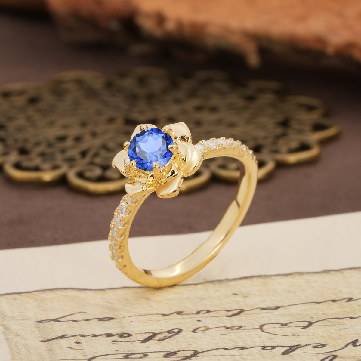 Nature-Inspired Unique Floral Design 6-Prong Round Cut Sapphire Engagement Ring - Additional view