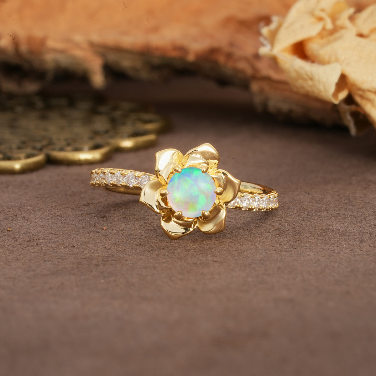 Nature-Inspired Unique Floral Design 6-Prong Round Cut Fire Opal Engagement Ring - Additional view