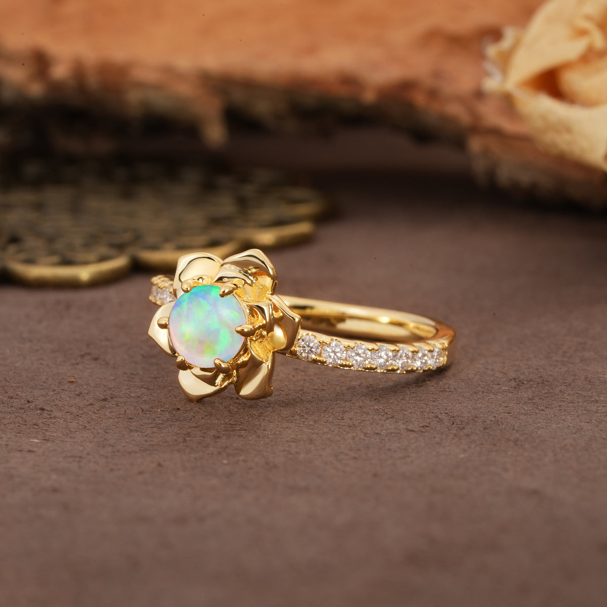 Nature-Inspired Unique Floral Design 6-Prong Round Cut Fire Opal Engagement Ring - Additional view