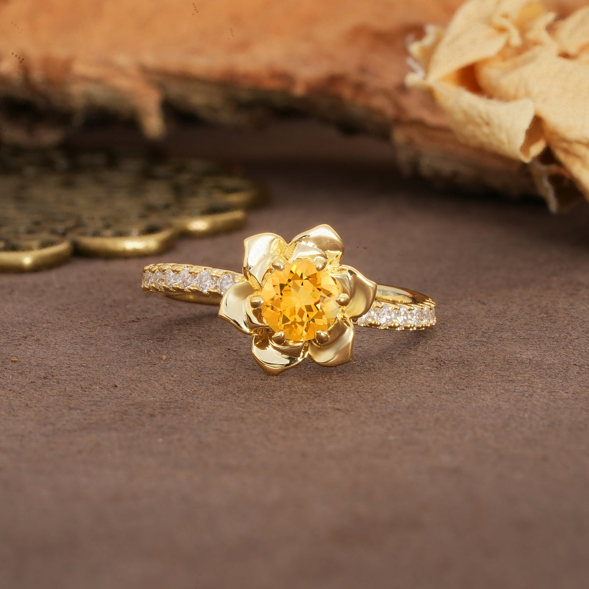 Nature-Inspired Unique Floral Design 6-Prong Round Cut Citrine Engagement Ring - Additional view