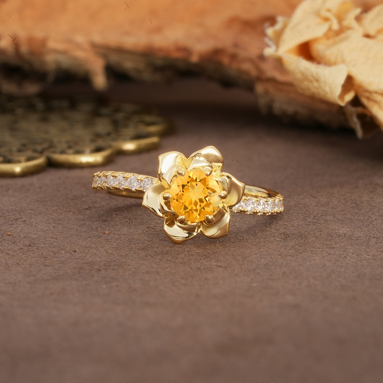Nature-Inspired Unique Floral Design 6-Prong Round Cut Citrine Engagement Ring - Additional view
