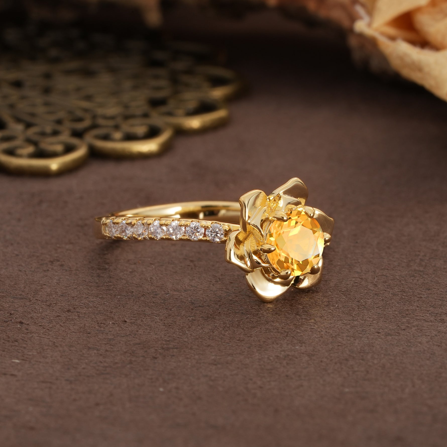 Nature-Inspired Unique Floral Design 6-Prong Round Cut Citrine Engagement Ring - Additional view