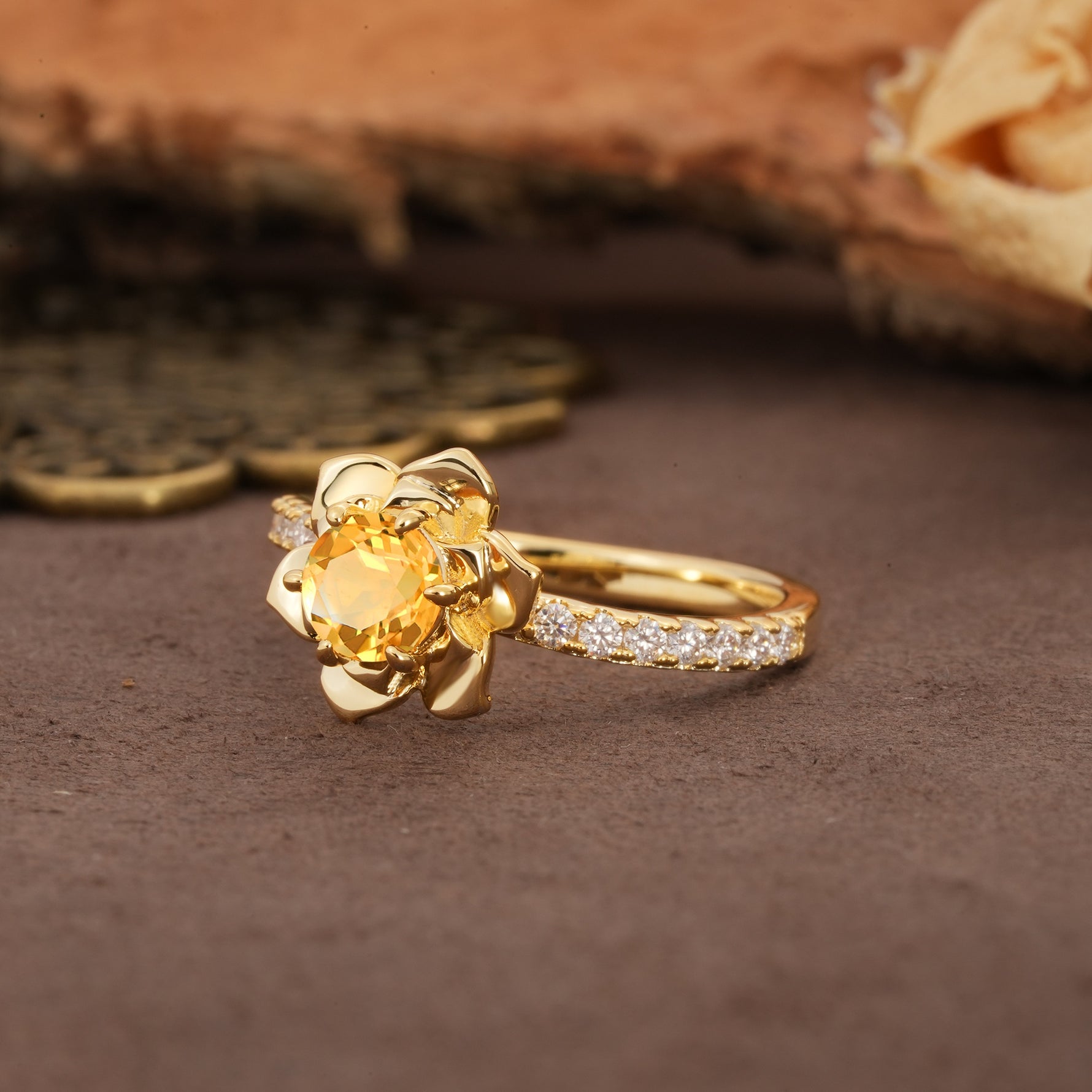 Nature-Inspired Unique Floral Design 6-Prong Round Cut Citrine Engagement Ring - Additional view