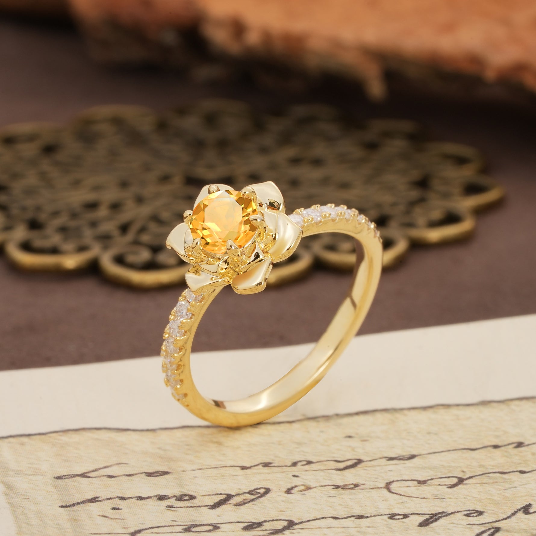 Nature-Inspired Unique Floral Design 6-Prong Round Cut Citrine Engagement Ring - Additional view