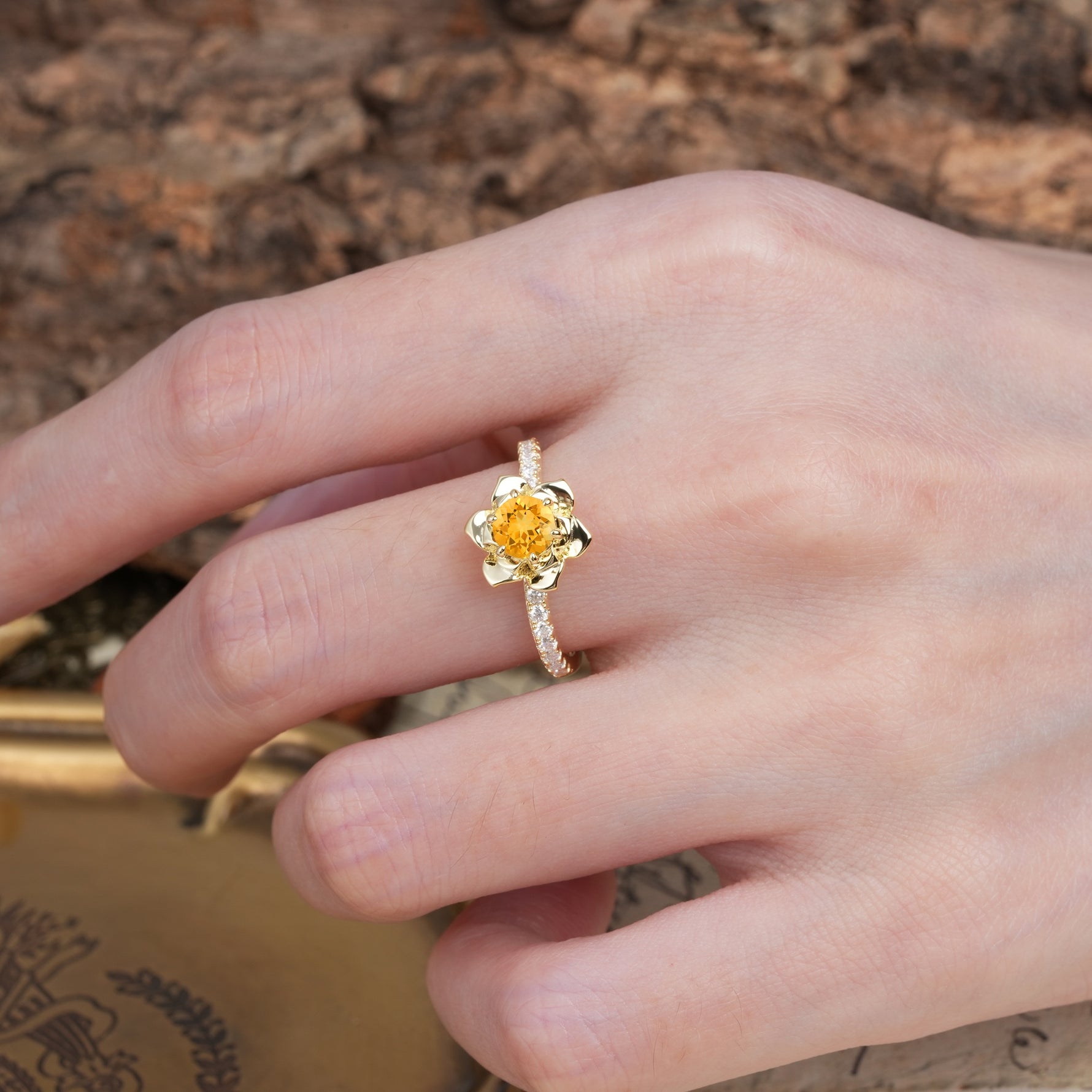 Nature-Inspired Unique Floral Design 6-Prong Round Cut Citrine Engagement Ring - Additional view