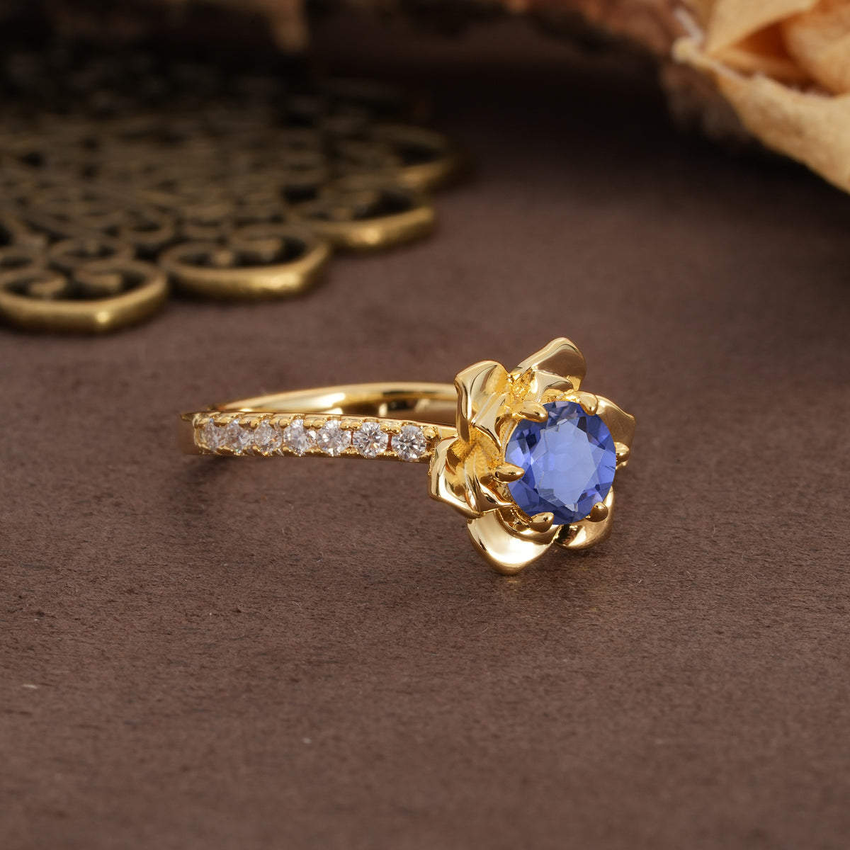 Nature-Inspired Unique Floral Design 6-Prong Round Cut Tanzanite Engagement Ring - Additional view
