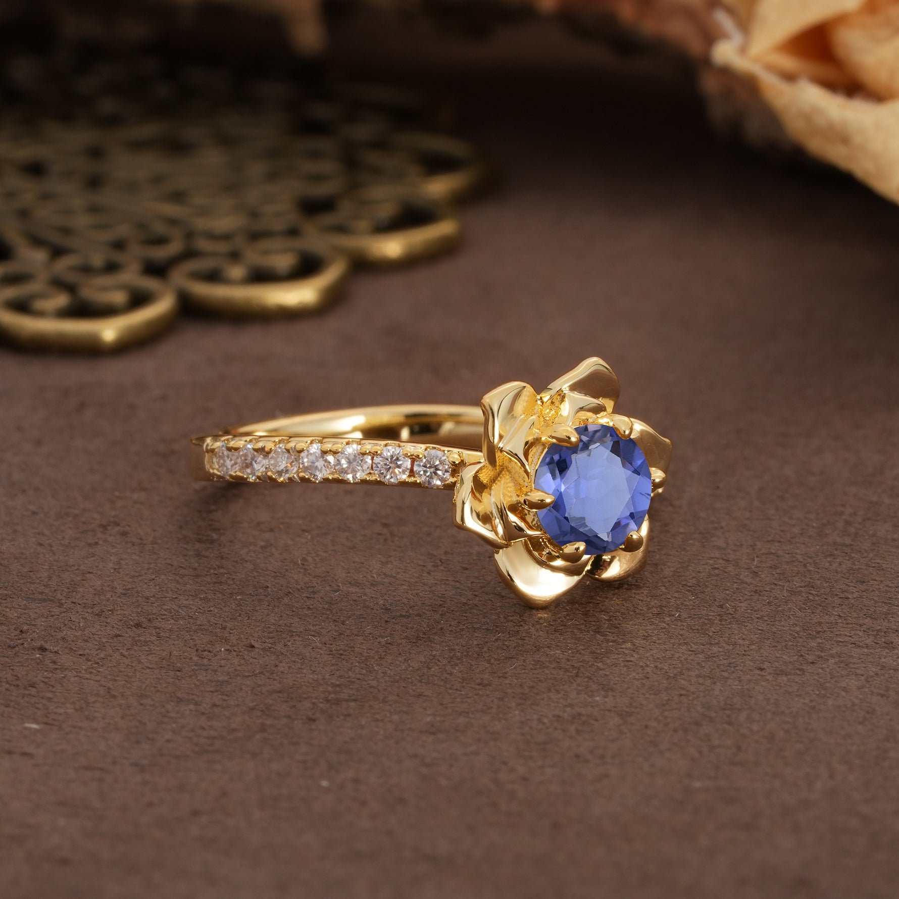 Nature-Inspired Unique Floral Design 6-Prong Round Cut Tanzanite Engagement Ring - Additional view