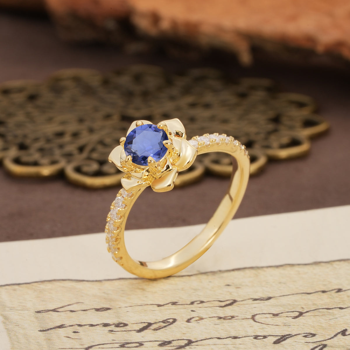 Nature-Inspired Unique Floral Design 6-Prong Round Cut Tanzanite Engagement Ring - Additional view