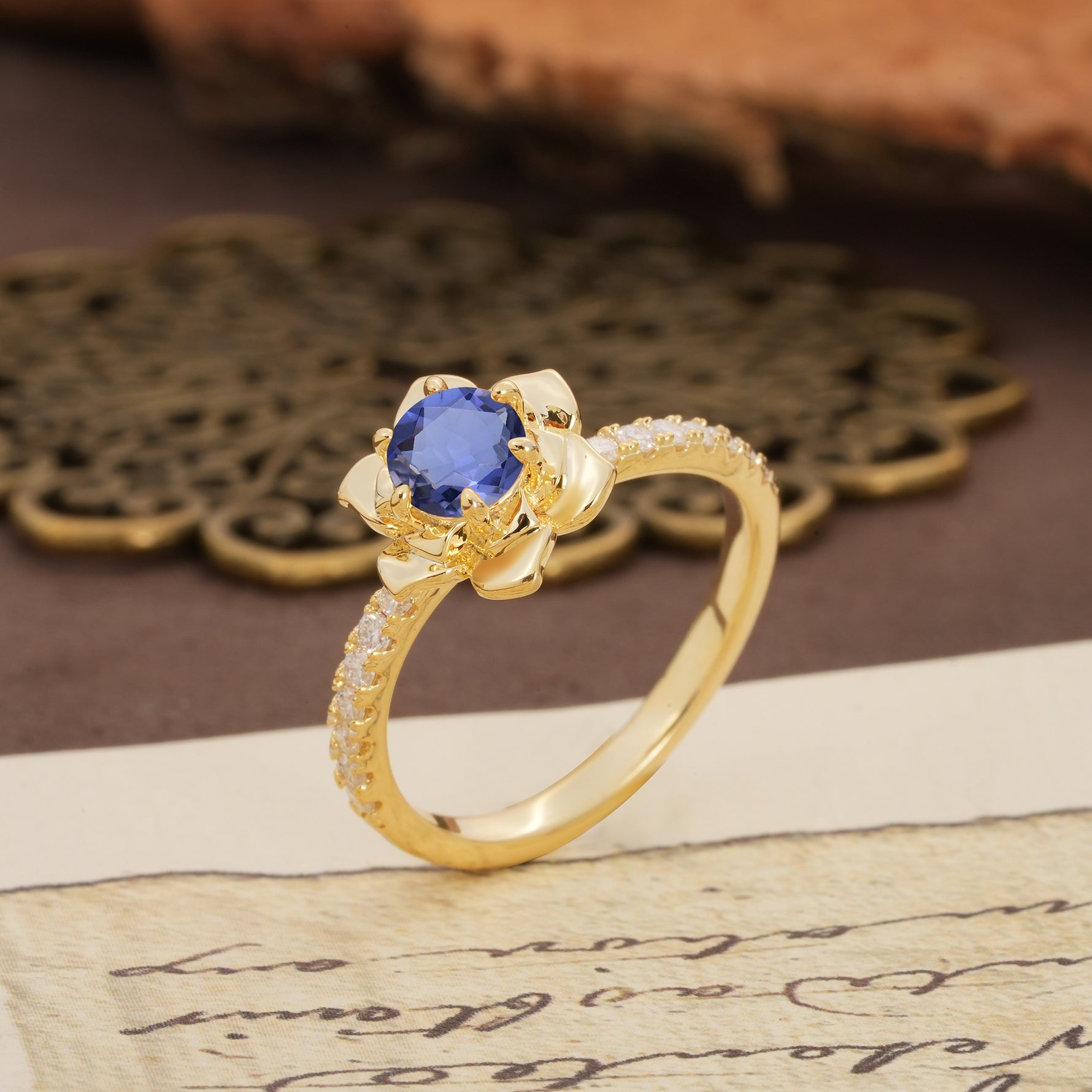 Nature-Inspired Unique Floral Design 6-Prong Round Cut Tanzanite Engagement Ring - Additional view