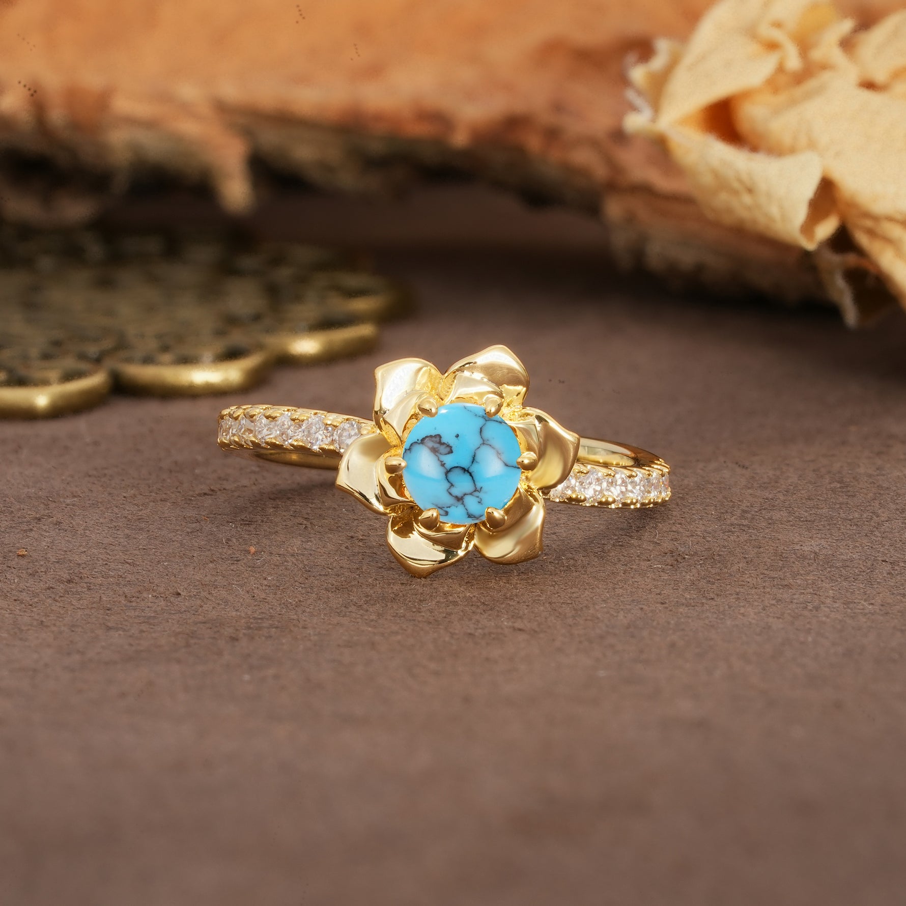Nature-Inspired Unique Floral Design 6-Prong Round Cut Turquoise Engagement Ring - Additional view