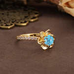 Nature-Inspired Unique Floral Design 6-Prong Round Cut Turquoise Engagement Ring - Additional view