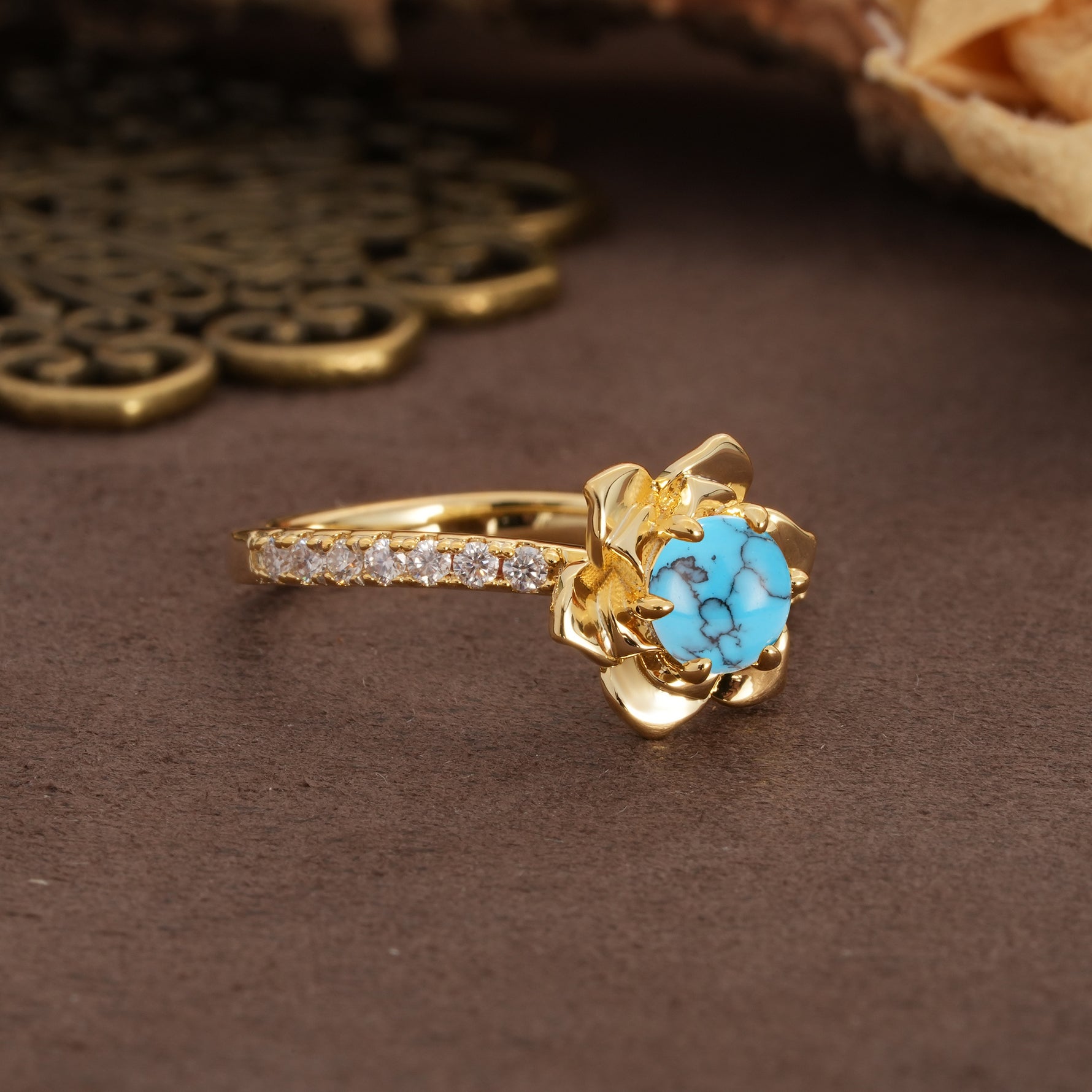 Nature-Inspired Unique Floral Design 6-Prong Round Cut Turquoise Engagement Ring - Additional view