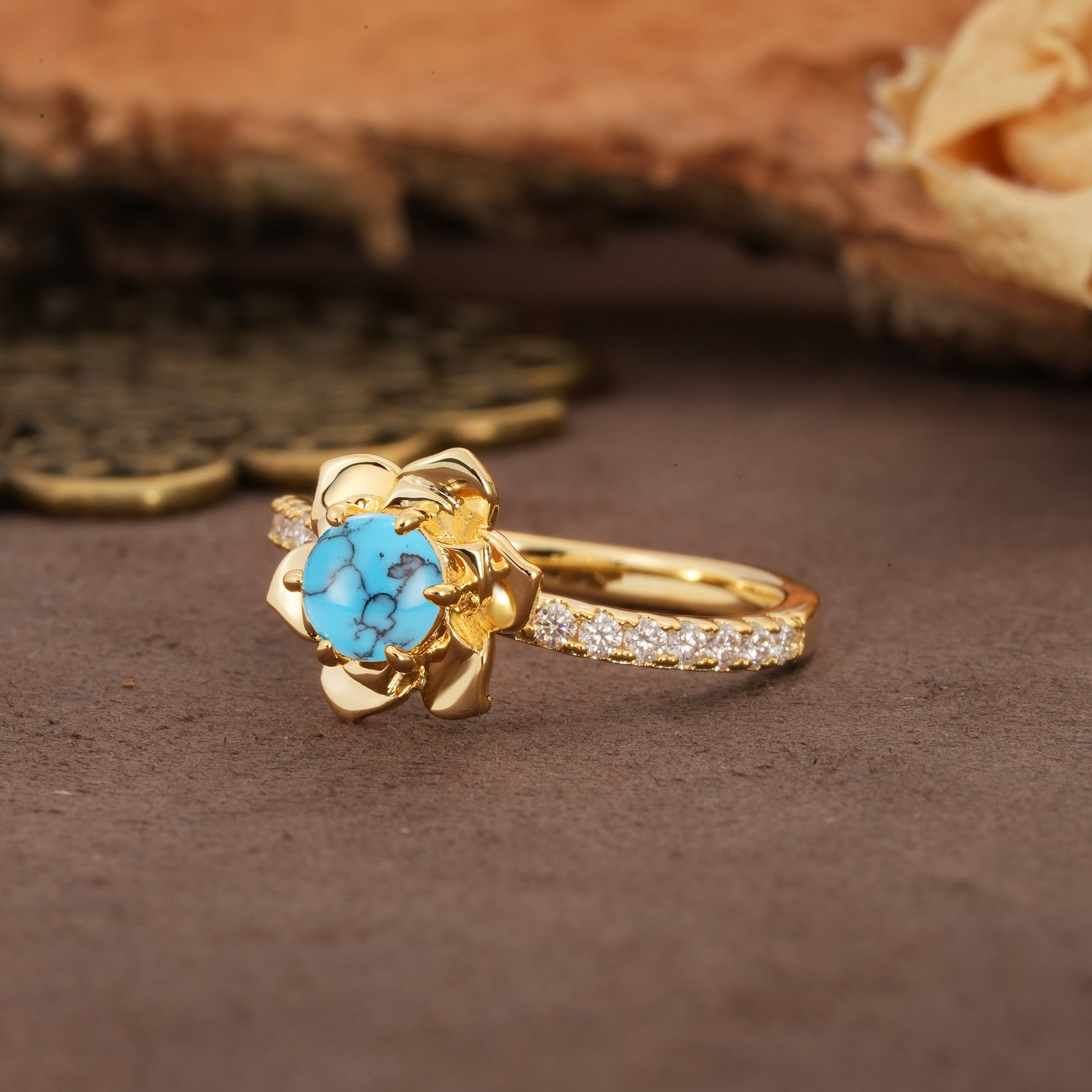 Nature-Inspired Unique Floral Design 6-Prong Round Cut Turquoise Engagement Ring - Additional view