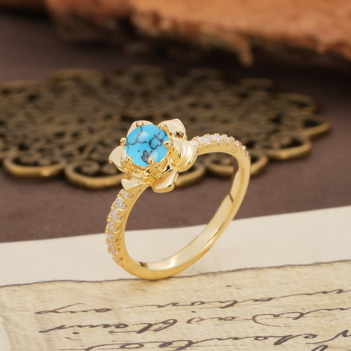 Nature-Inspired Unique Floral Design 6-Prong Round Cut Turquoise Engagement Ring - Additional view