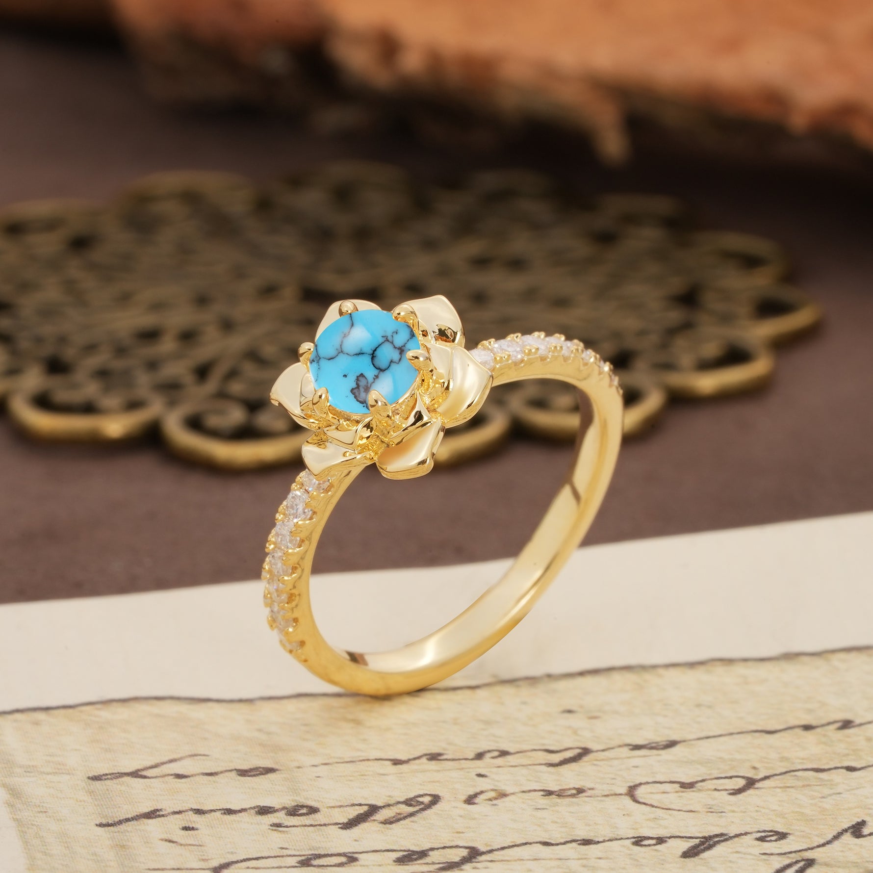Nature-Inspired Unique Floral Design 6-Prong Round Cut Turquoise Engagement Ring - Additional view