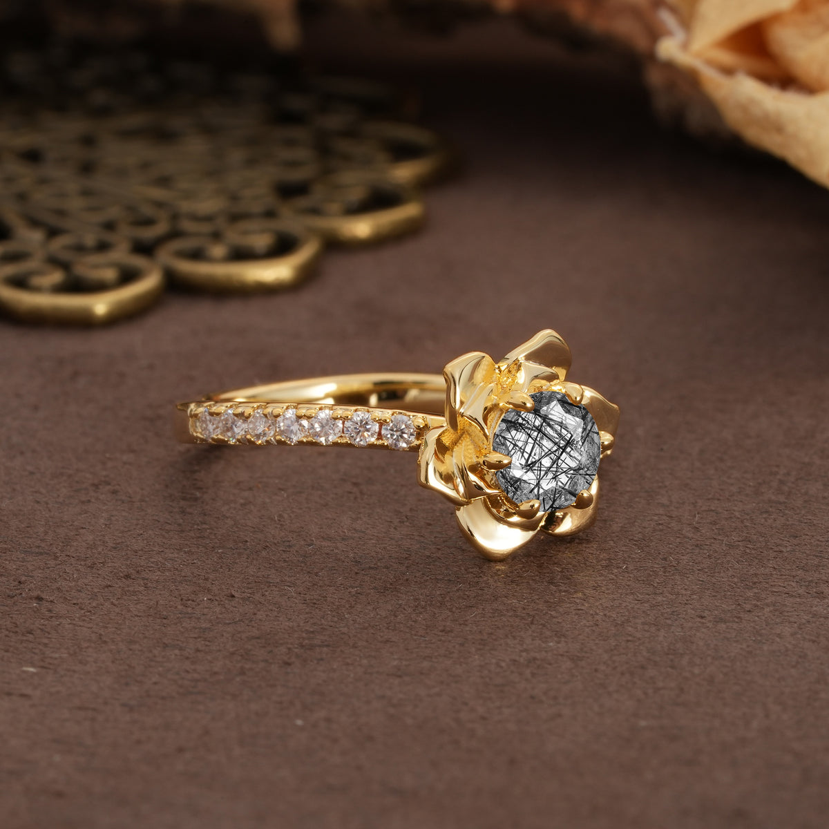 Nature-Inspired Unique Floral Design 6-Prong Round Cut Black Rutilated Quartz Engagement Ring - Additional view