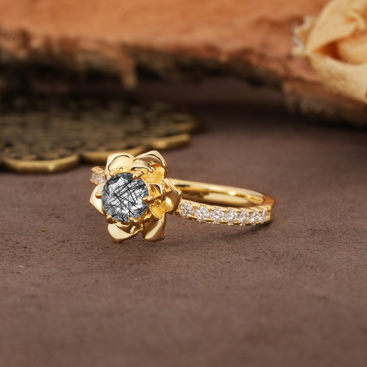 Nature-Inspired Unique Floral Design 6-Prong Round Cut Black Rutilated Quartz Engagement Ring - Additional view
