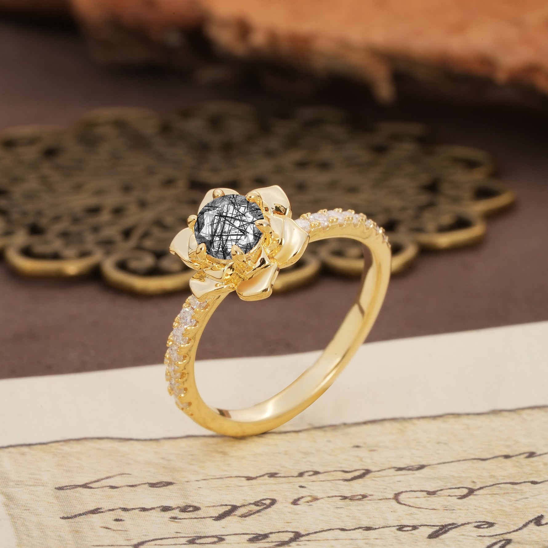 Nature-Inspired Unique Floral Design 6-Prong Round Cut Black Rutilated Quartz Engagement Ring - Additional view