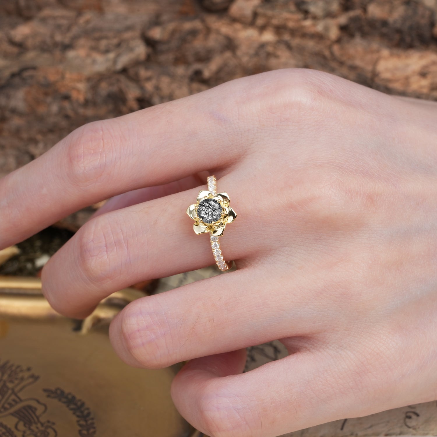 Nature-Inspired Unique Floral Design 6-Prong Round Cut Black Rutilated Quartz Engagement Ring - Additional view