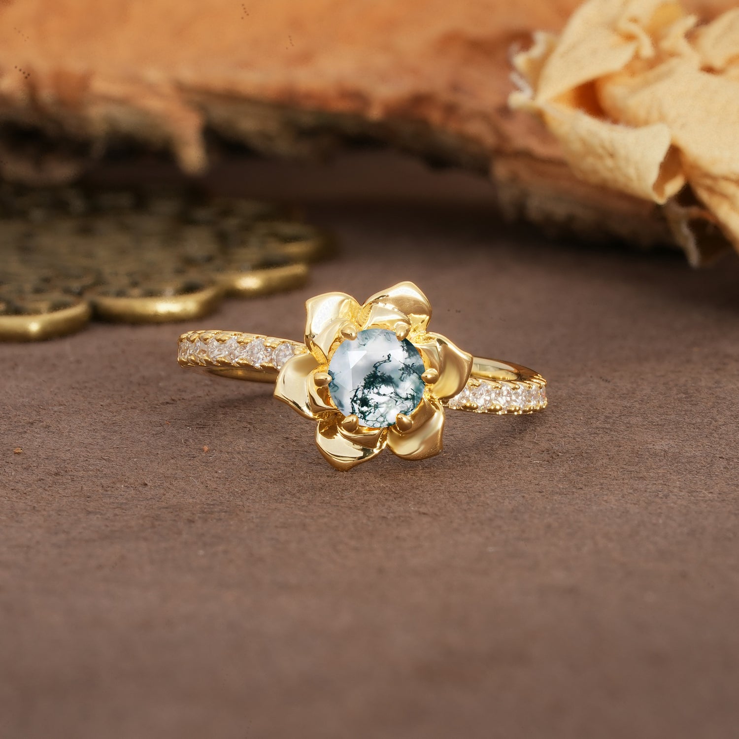 Nature-Inspired Unique Floral Design 6-Prong Round Cut Moss Agate Engagement Ring - Additional view