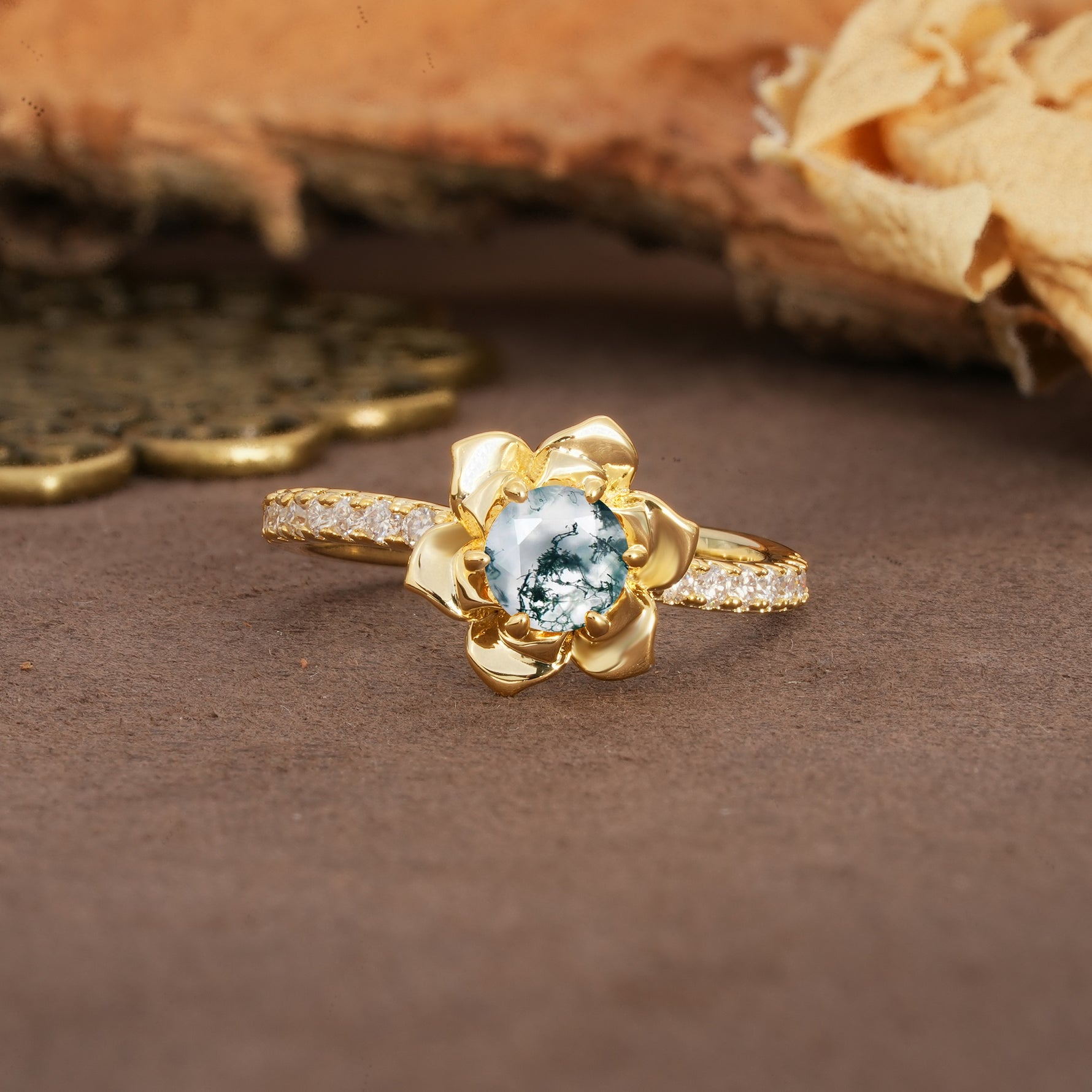 Nature-Inspired Unique Floral Design 6-Prong Round Cut Moss Agate Engagement Ring - Additional view