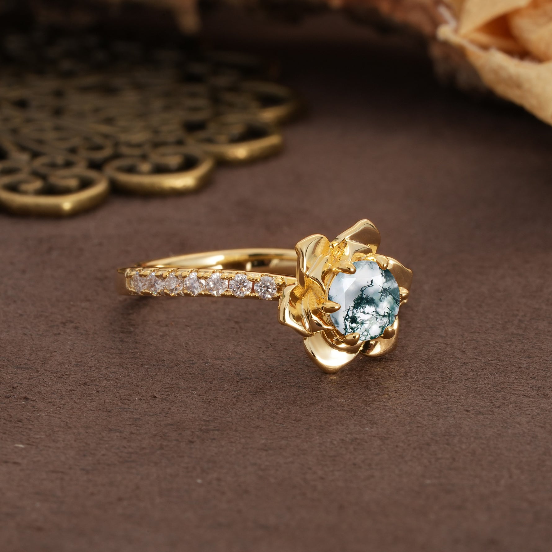 Nature-Inspired Unique Floral Design 6-Prong Round Cut Moss Agate Engagement Ring - Additional view