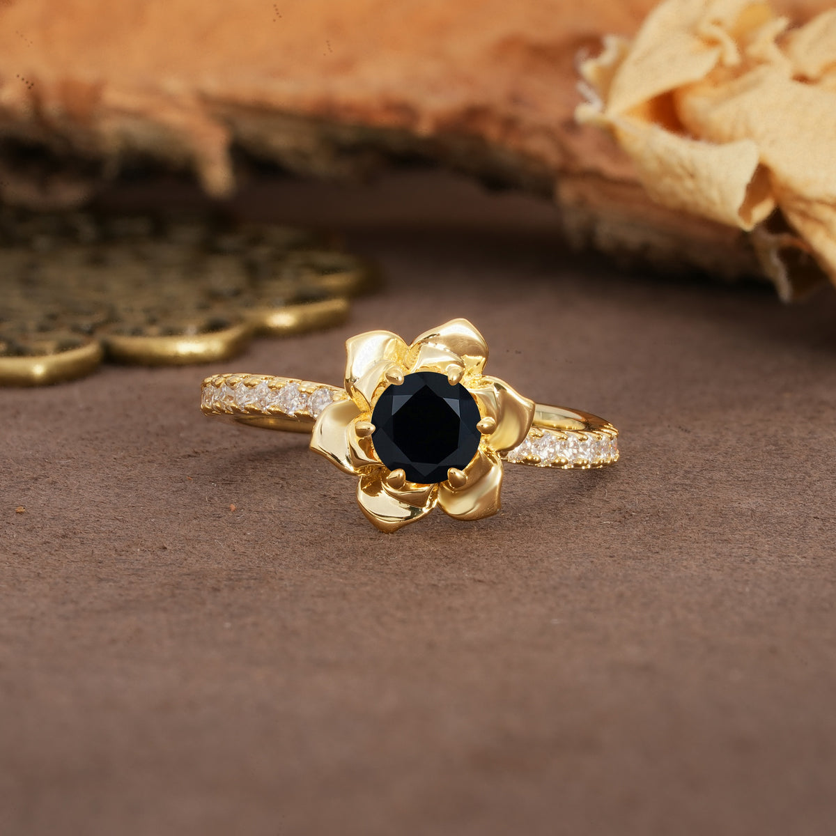 Nature-Inspired Unique Floral Design 6-Prong Round Cut Black Onyx Engagement Ring - Additional view