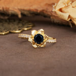 Nature-Inspired Unique Floral Design 6-Prong Round Cut Black Onyx Engagement Ring - Additional view