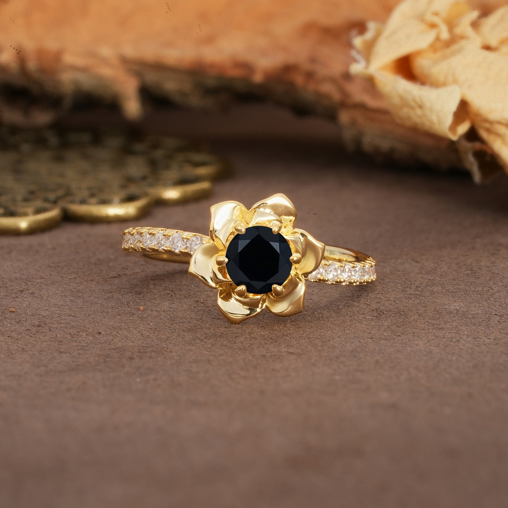 Nature-Inspired Unique Floral Design 6-Prong Round Cut Black Onyx Engagement Ring - Additional view